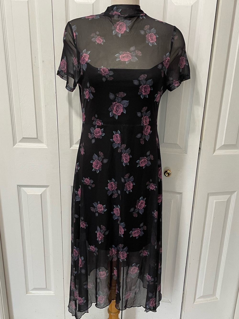 New Goth Dark Black Floral Midi Dress with Pink Roses